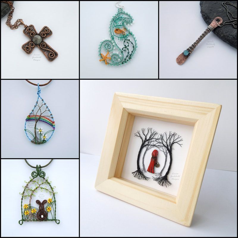 Photo of wire pendants and mixed media art